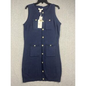 Caroline Constas Sweater Vest Womens Large Blue 100% Cotton Button Front Pockets